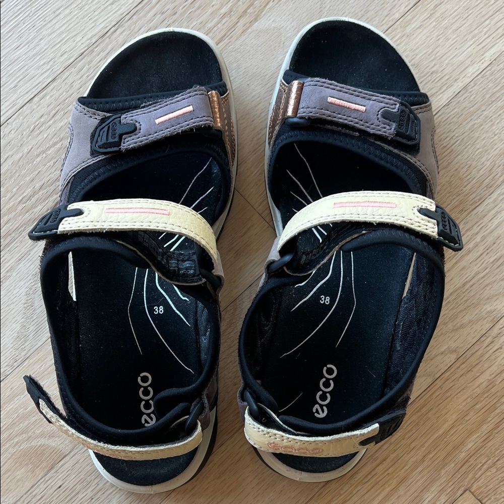 Ecco women’s Black Sandals with Beige and Brown Straps